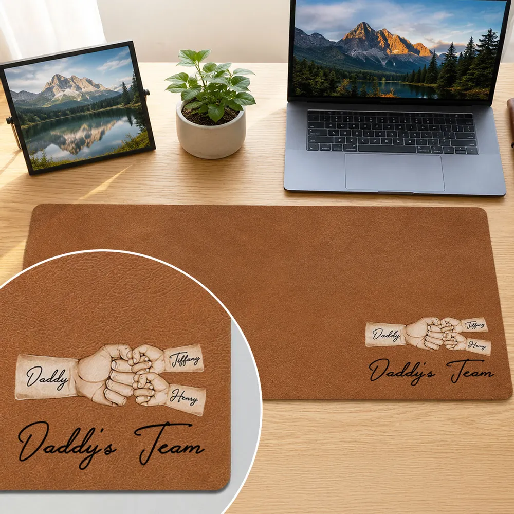 Personalized Leather Desk Mat with Daddy's Team Fist Bump, Unique Creative Gift for Dad - Image 2