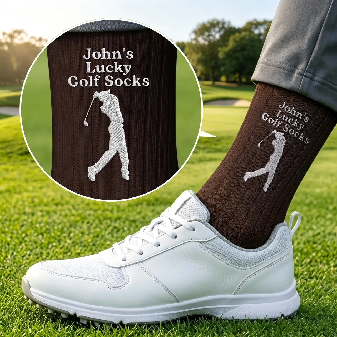Personalized Embroidered Socks, Golfer Mid Swing On Green Course, Unique Gift For Golf Lover