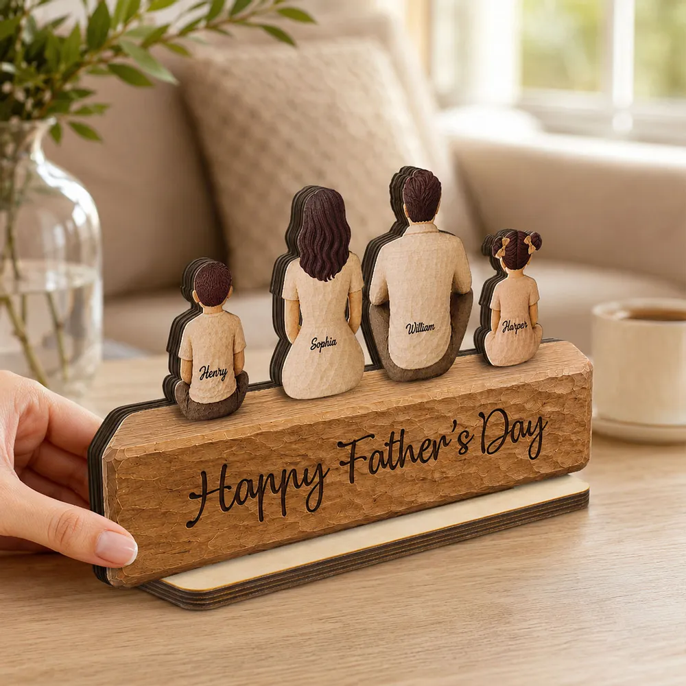 Personalized 2-Layer Wooden Plaque with Seated Family, Unique Father's Day Gift for Dad - Image 3