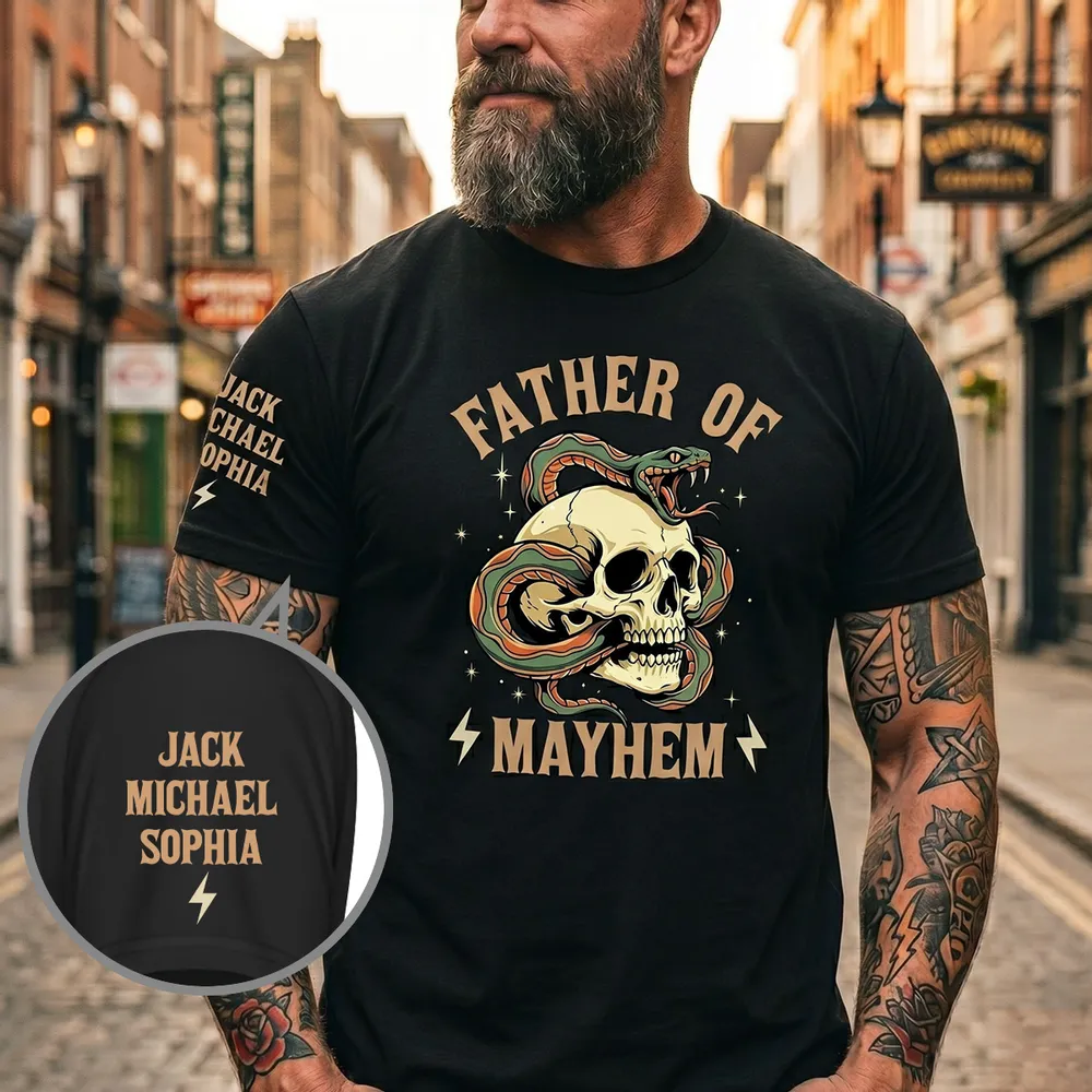 Personalized Father Of Mayhem Dual Print Classic Tee, Skull & Snake Graphic, Unique Gift For Dad - Image 4