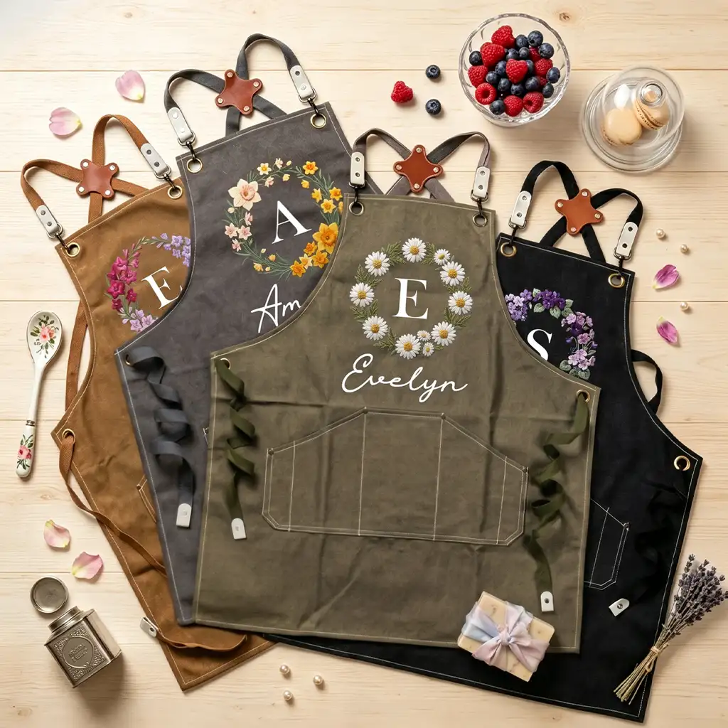 Custom Floral Printed Canvas Pocket Apron for Baking Days, Unique Creative Gift for Gardeners & Friends