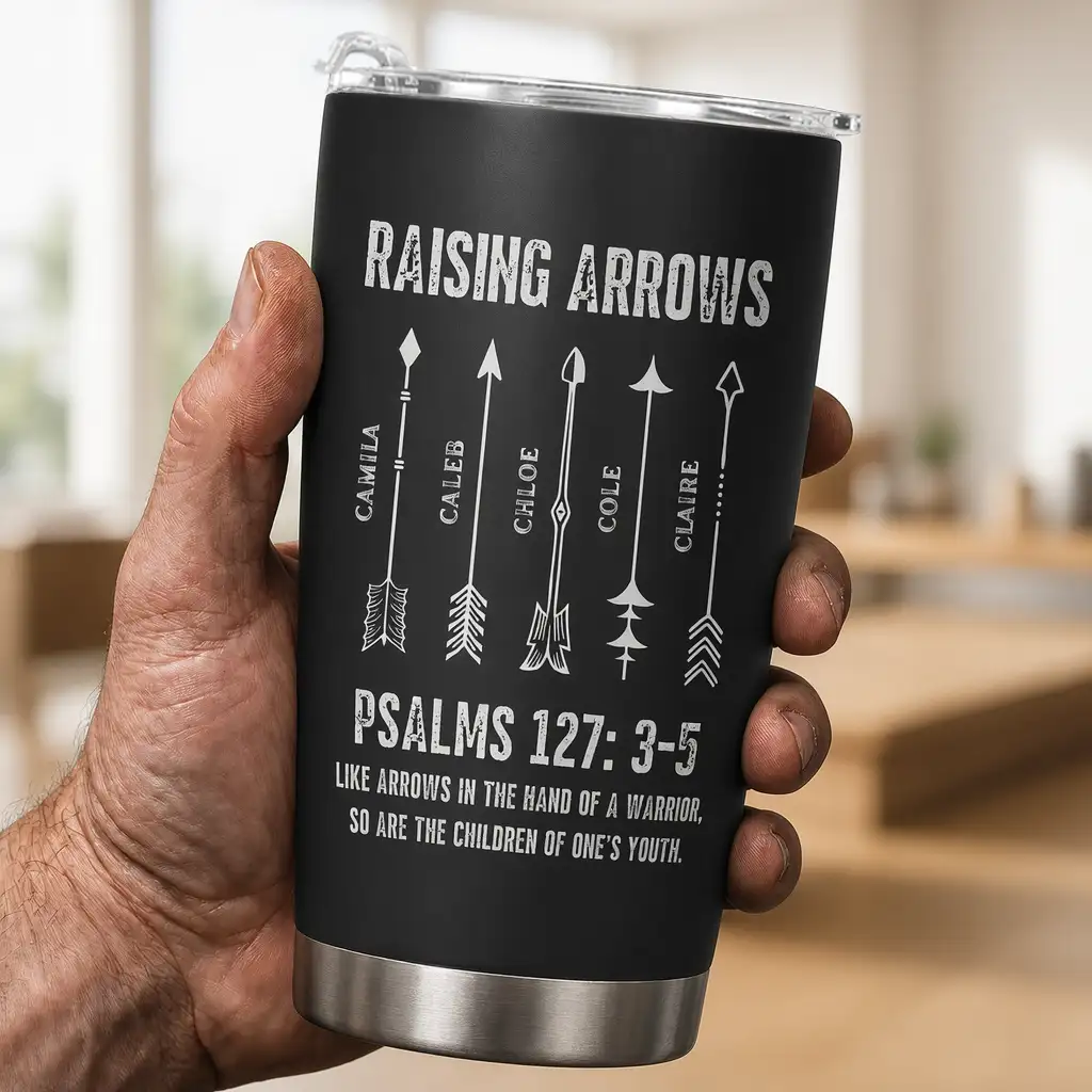 Black Insulated Travel Tumbler for Dad or Mom, Faith & Family Arrow Design, Creative Gift for Daily Coffee