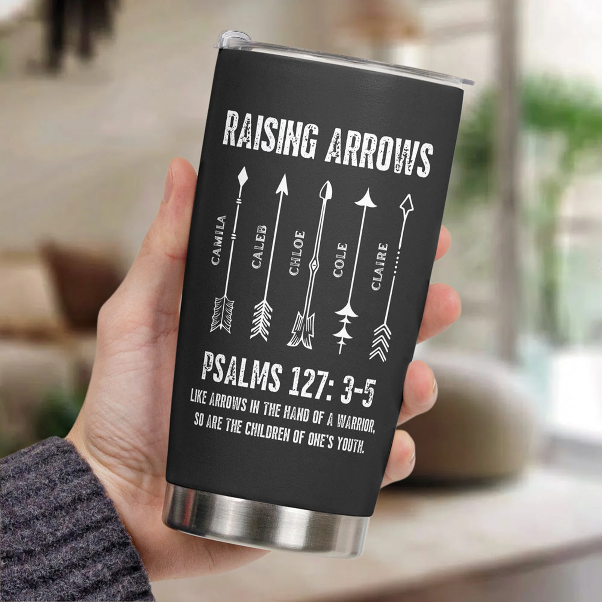 Black Insulated Travel Tumbler for Dad or Mom, Faith & Family Arrow Design, Creative Gift for Daily Coffee - Image 6
