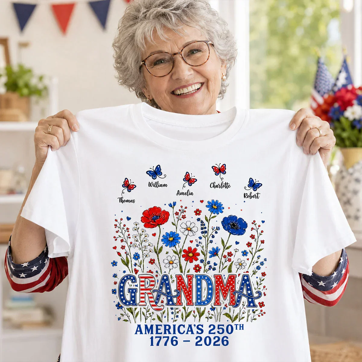Grandma Classic Tee, Patriotic Garden Artwork with Butterflies, Creative Gift for a Proud Grandma - Image 2