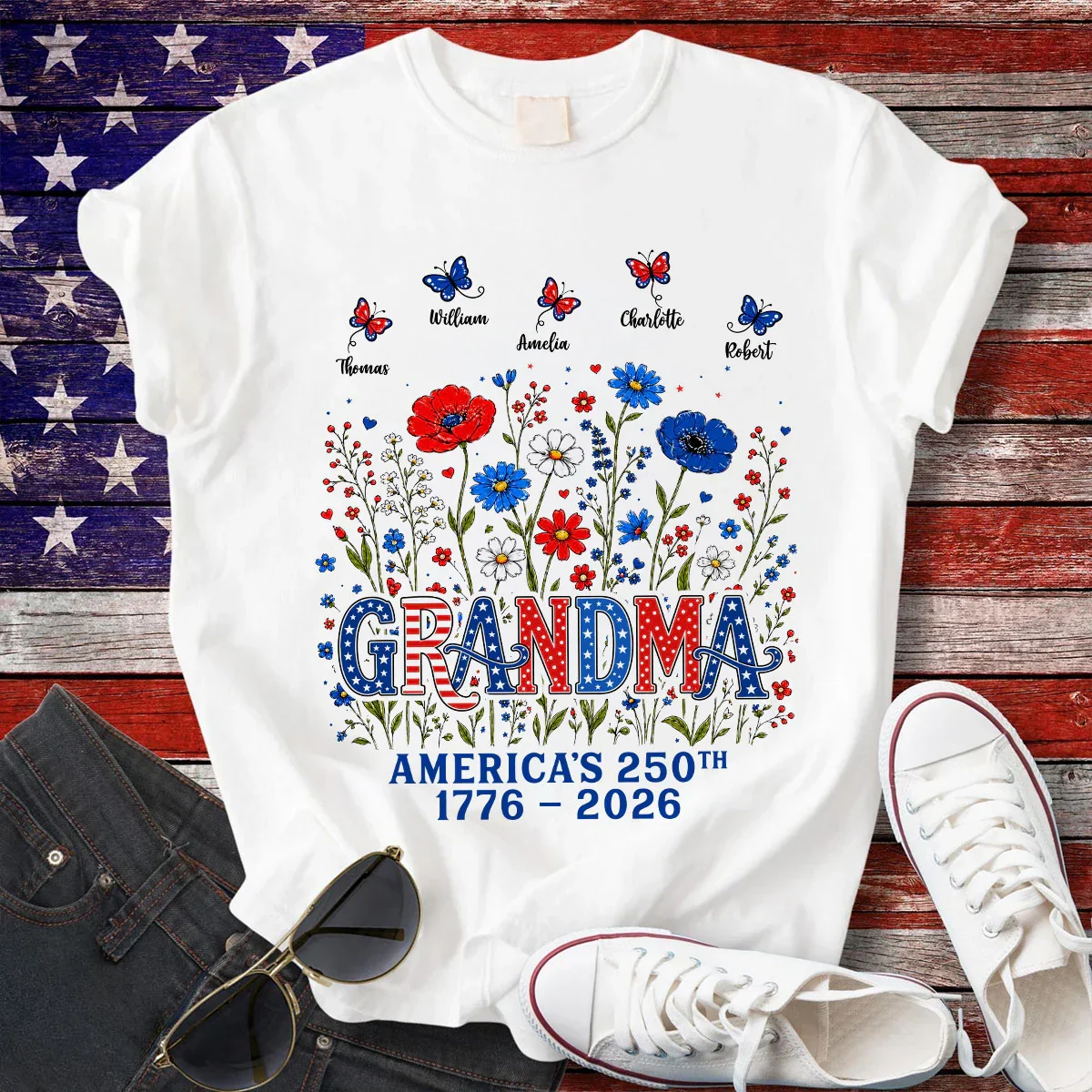 Grandma Classic Tee, Patriotic Garden Artwork with Butterflies, Creative Gift for a Proud Grandma - Image 4