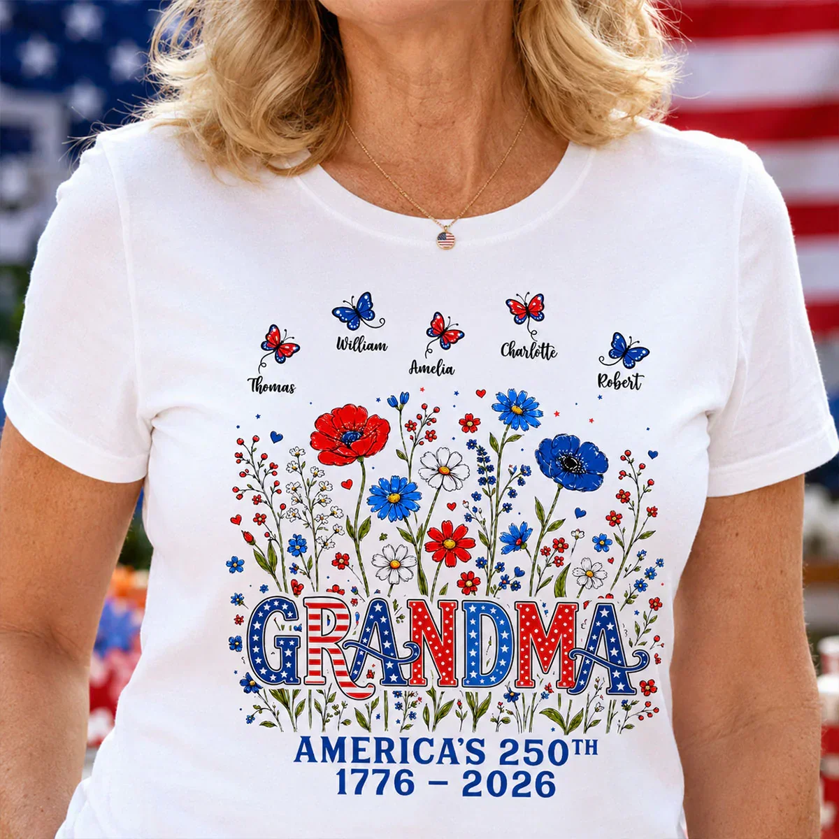 Grandma Classic Tee, Patriotic Garden Artwork with Butterflies, Creative Gift for a Proud Grandma - Image 5