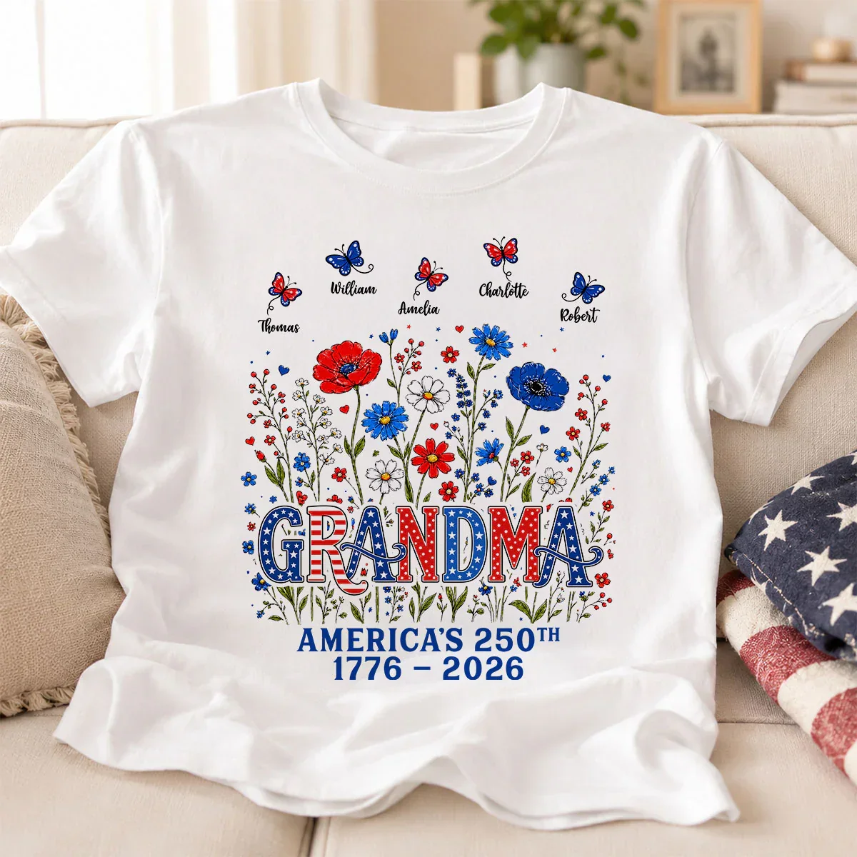 Grandma Classic Tee, Patriotic Garden Artwork with Butterflies, Creative Gift for a Proud Grandma - Image 6