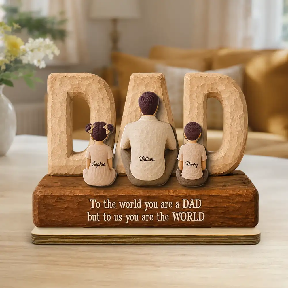 Personalized 2-Layer Wooden Plaque, Seated Dad with Kids, Rustic Family Keepsake, Unique Gift for Dad