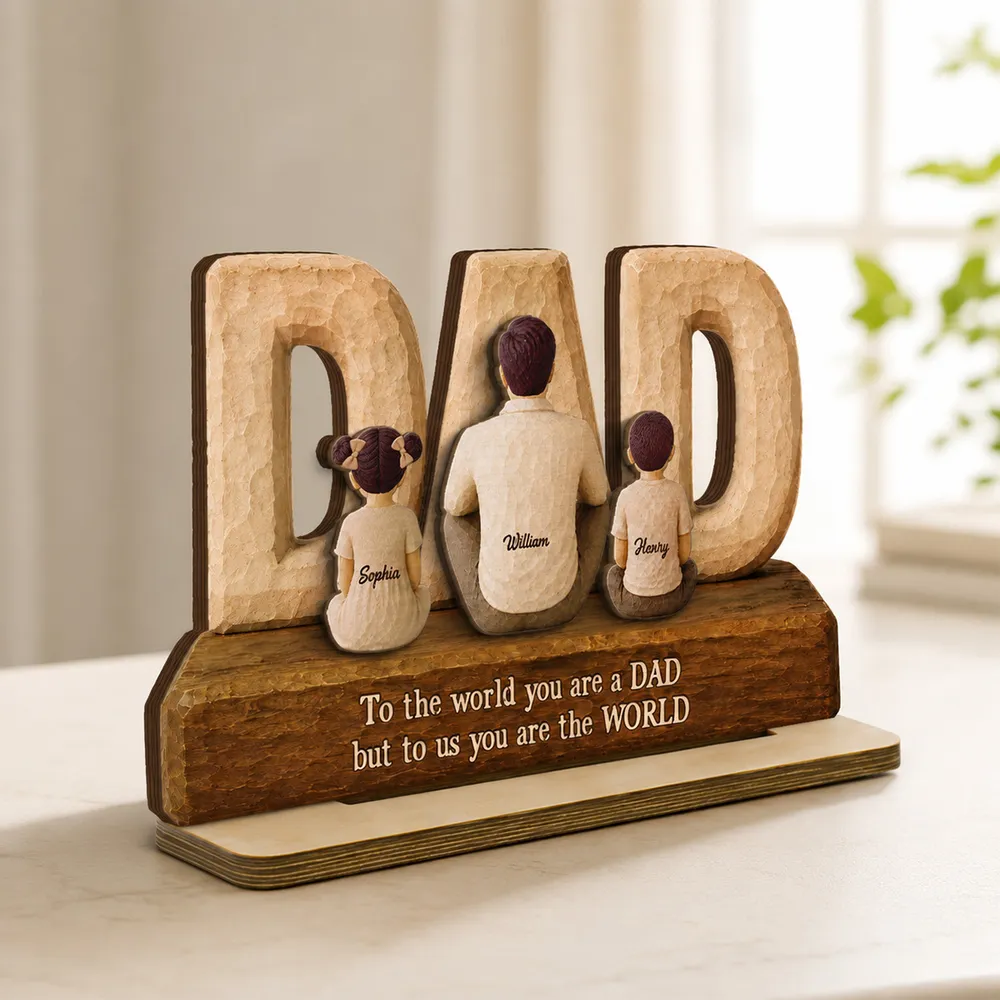 Personalized 2-Layer Wooden Plaque, Seated Dad with Kids, Rustic Family Keepsake, Unique Gift for Dad - Image 3