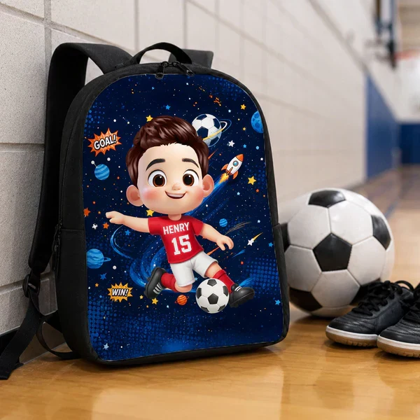 Personalized Kids School Backpack with Soccer Space Cartoon, Unique Gift for Young Players - Image 3