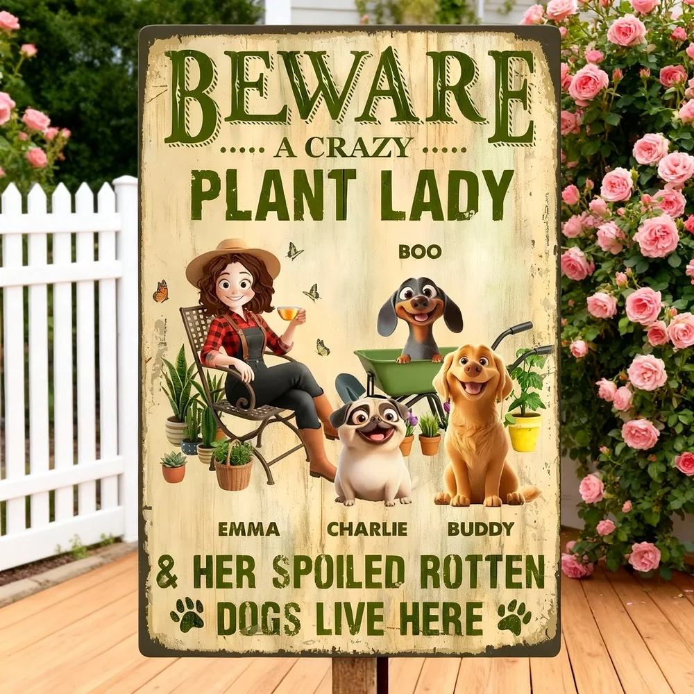 Rectangular Iron Sign With Beware A Crazy Plant Lady Quote, Spoiled Dogs Garden Scene, Unique Creative Gift