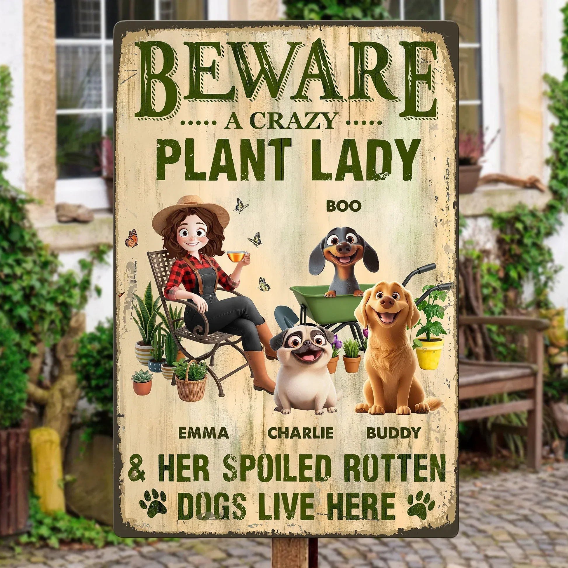 Rectangular Iron Sign With Beware A Crazy Plant Lady Quote, Spoiled Dogs Garden Scene, Unique Creative Gift - Image 2