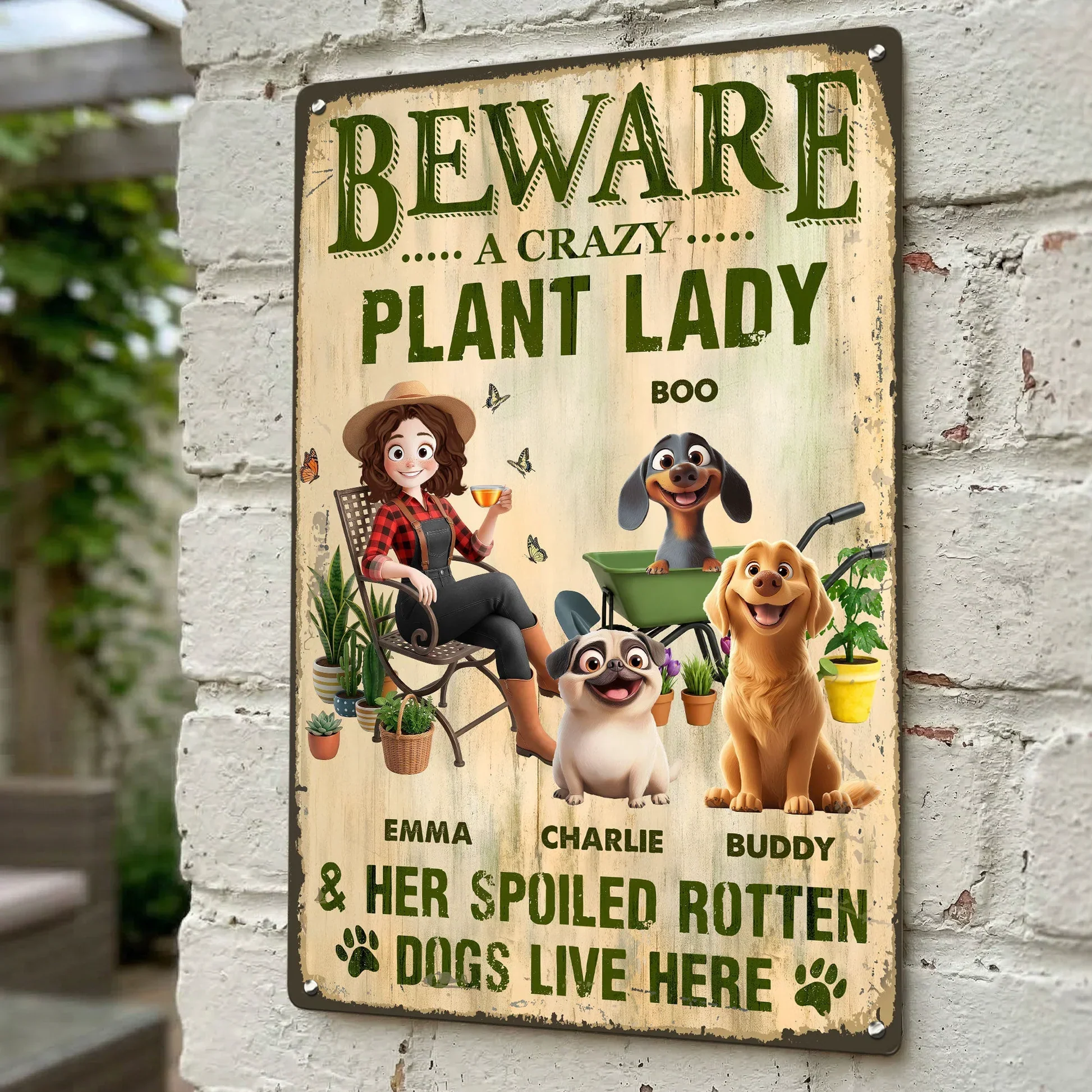 Rectangular Iron Sign With Beware A Crazy Plant Lady Quote, Spoiled Dogs Garden Scene, Unique Creative Gift - Image 3