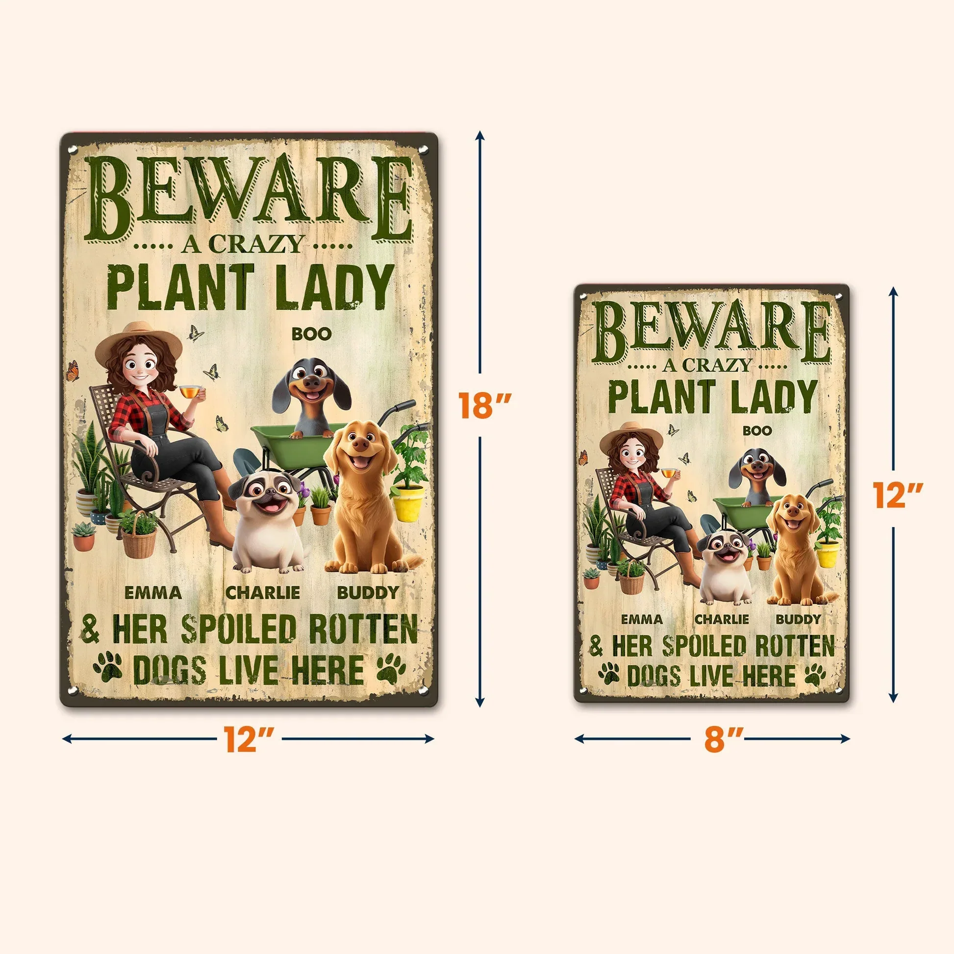 Rectangular Iron Sign With Beware A Crazy Plant Lady Quote, Spoiled Dogs Garden Scene, Unique Creative Gift - Image 4
