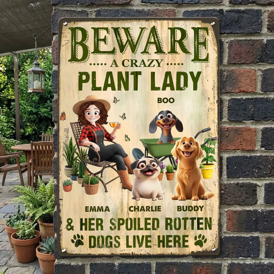 Rectangular Iron Sign With Beware A Crazy Plant Lady Quote, Spoiled Dogs Garden Scene, Unique Creative Gift - Image 5