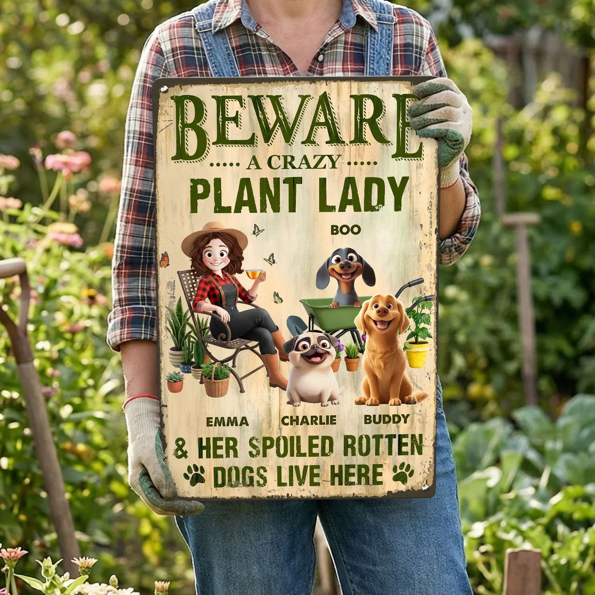 Rectangular Iron Sign With Beware A Crazy Plant Lady Quote, Spoiled Dogs Garden Scene, Unique Creative Gift - Image 6