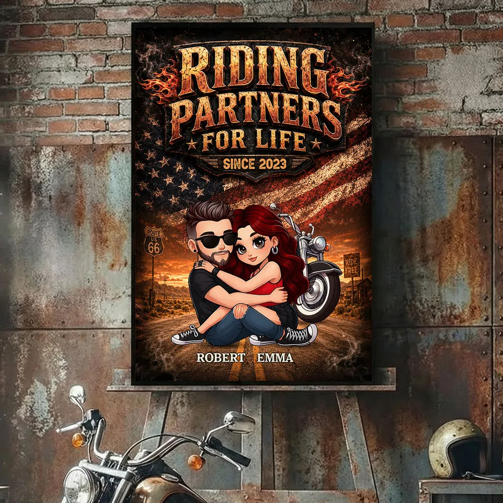 Riding Partners For Life Poster, Custom Hugging Couple Motorcycle Art, Creative Gift for Him or Her - Image 2