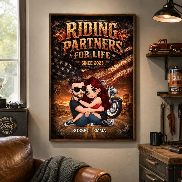 Riding Partners For Life Poster, Custom Hugging Couple Motorcycle Art, Creative Gift for Him or Her - Image 3