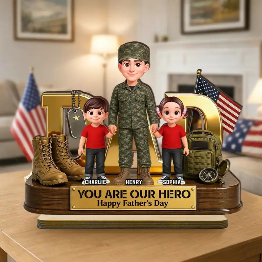 You Are Our Hero Personalized 2-Layer Wooden Plaque, Military Dad Holding Hands With Children, Creative Gift
