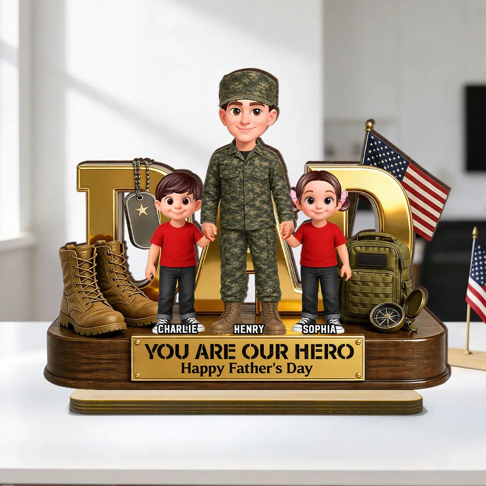 You Are Our Hero Personalized 2-Layer Wooden Plaque, Military Dad Holding Hands With Children, Creative Gift - Image 2