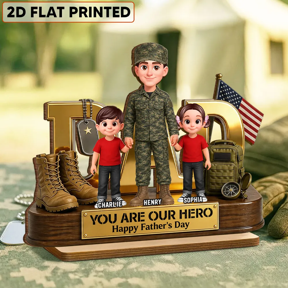 You Are Our Hero Personalized 2-Layer Wooden Plaque, Military Dad Holding Hands With Children, Creative Gift - Image 3