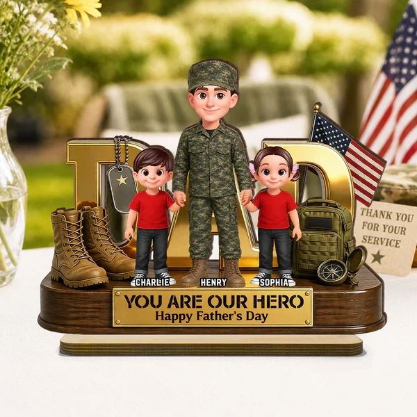 You Are Our Hero Personalized 2-Layer Wooden Plaque, Military Dad Holding Hands With Children, Creative Gift - Image 4