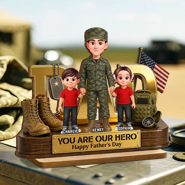 You Are Our Hero Personalized 2-Layer Wooden Plaque, Military Dad Holding Hands With Children, Creative Gift - Image 6