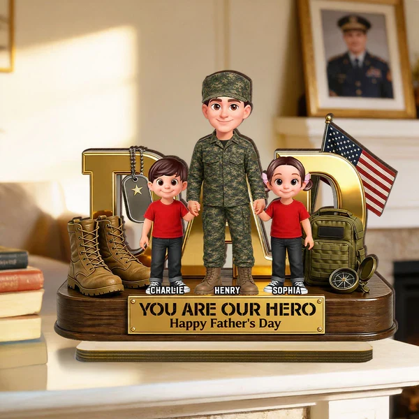 You Are Our Hero Personalized 2-Layer Wooden Plaque, Military Dad Holding Hands With Children, Creative Gift - Image 7