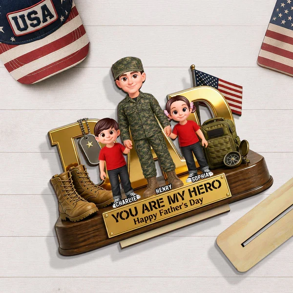 You Are Our Hero Personalized 2-Layer Wooden Plaque, Military Dad Holding Hands With Children, Creative Gift - Image 8