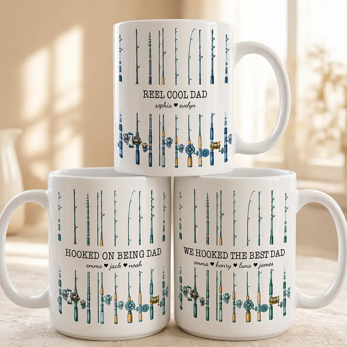 Personalized Ceramic Mug for Dad, Fishing Rod Design, Unique Gift for Morning Coffee
