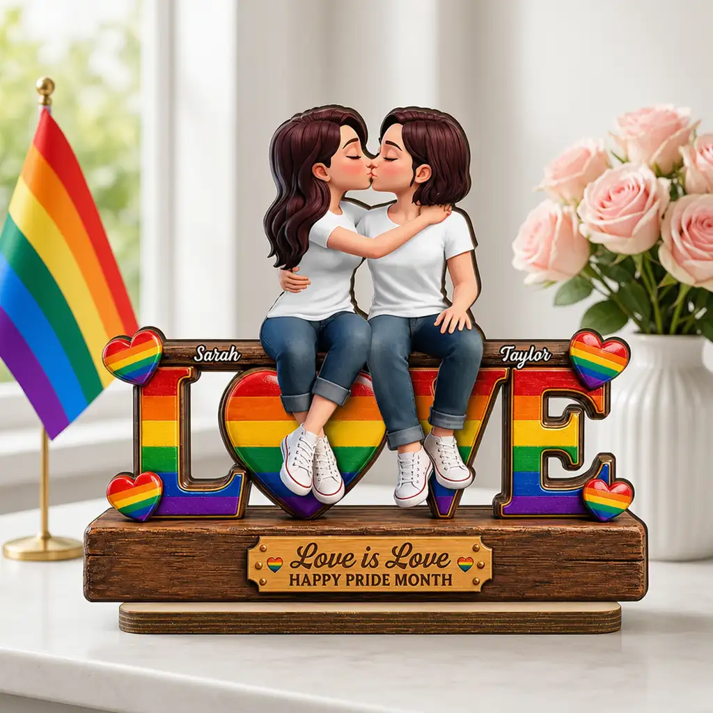 Personalized Wooden Plaque for LGBTQ Couple, Kissing Love Design, Pride Month Unique Gift