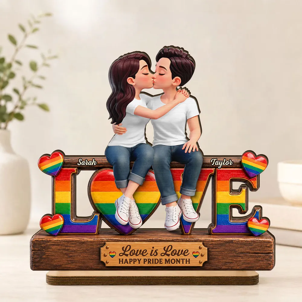 Personalized Wooden Plaque for LGBTQ Couple, Kissing Love Design, Pride Month Unique Gift - Image 2