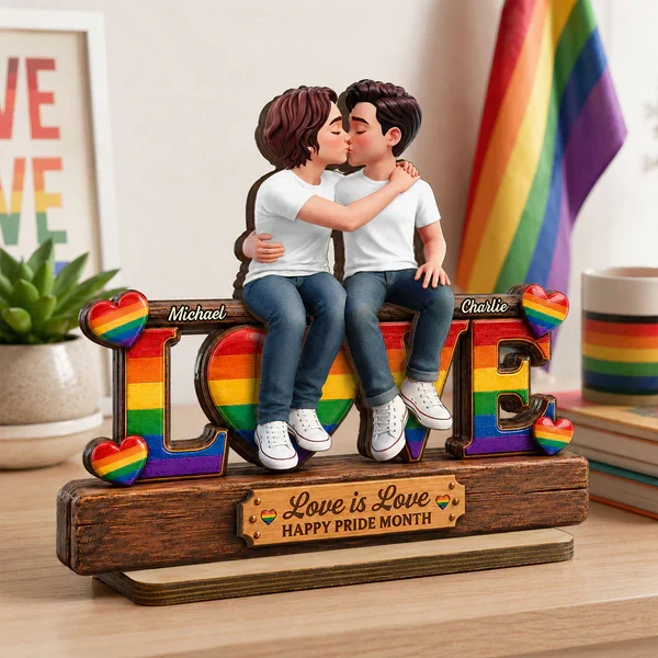 Personalized Wooden Plaque for LGBTQ Couple, Kissing Love Design, Pride Month Unique Gift - Image 3