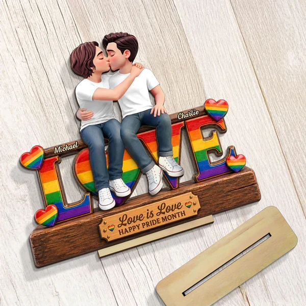 Personalized Wooden Plaque for LGBTQ Couple, Kissing Love Design, Pride Month Unique Gift - Image 6