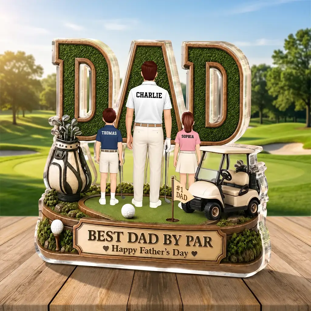Shaped Acrylic Block Plaque for Dad, Personalized Father and Children Golf Keepsake, Creative Gift
