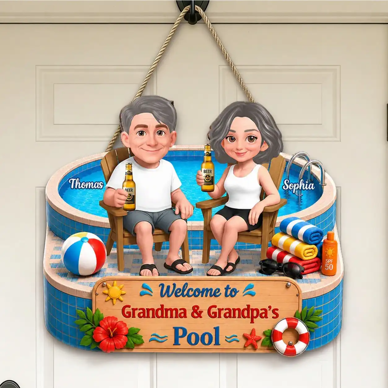 Personalized Wooden Sign, Cartoon Grandparents by the Pool, Unique Creative Gift for Grandma & Grandpa