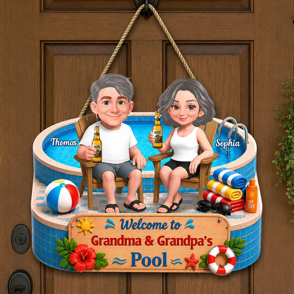 Personalized Wooden Sign, Cartoon Grandparents by the Pool, Unique Creative Gift for Grandma & Grandpa - Image 2