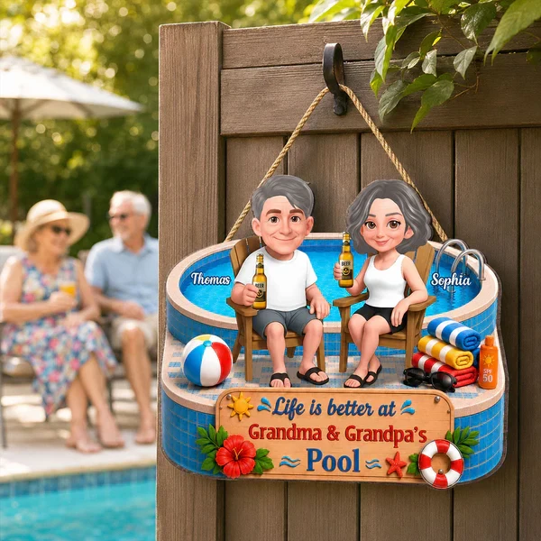 Personalized Wooden Sign, Cartoon Grandparents by the Pool, Unique Creative Gift for Grandma & Grandpa - Image 5