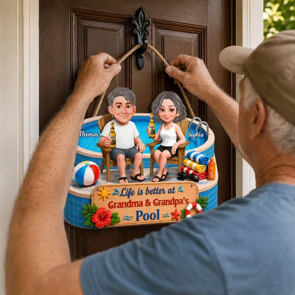 Personalized Wooden Sign, Cartoon Grandparents by the Pool, Unique Creative Gift for Grandma & Grandpa - Image 6