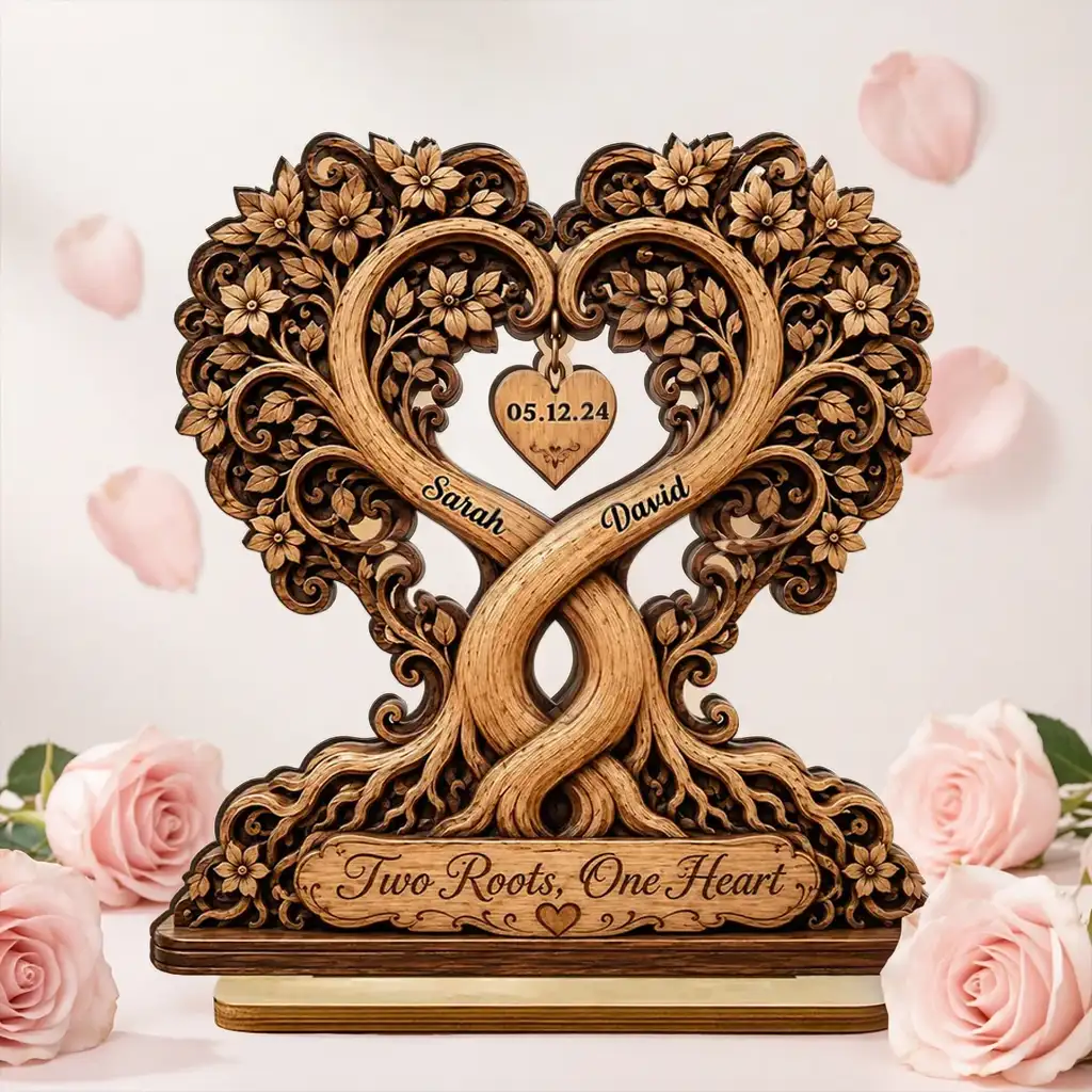 Personalized 2-Layer Wooden Plaque, Two Roots One Heart Couple Keepsake, Unique Gift for Partners