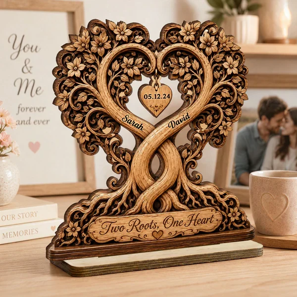 Personalized 2-Layer Wooden Plaque, Two Roots One Heart Couple Keepsake, Unique Gift for Partners - Image 2