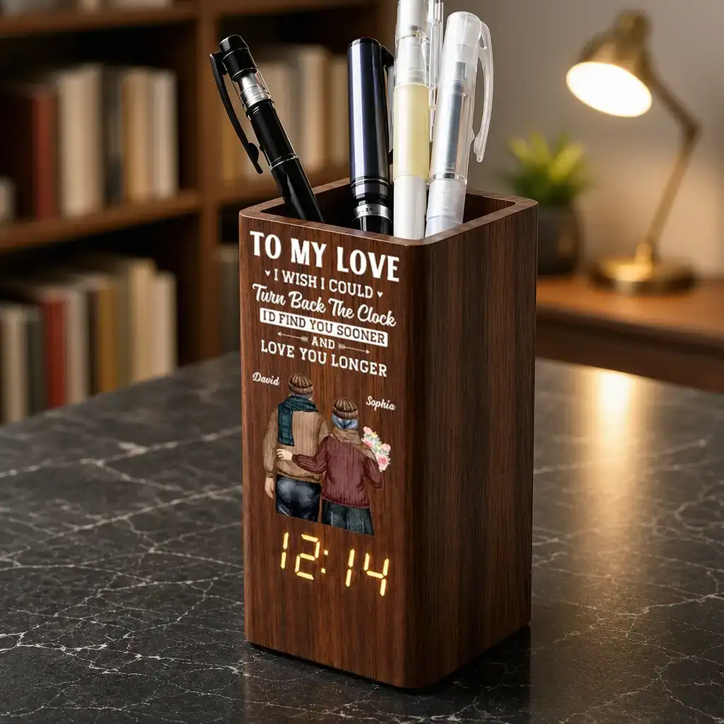 Wooden Pen Holder Clock, Personalized My Love Quote With Back View Couple, Unique Gift for Partner