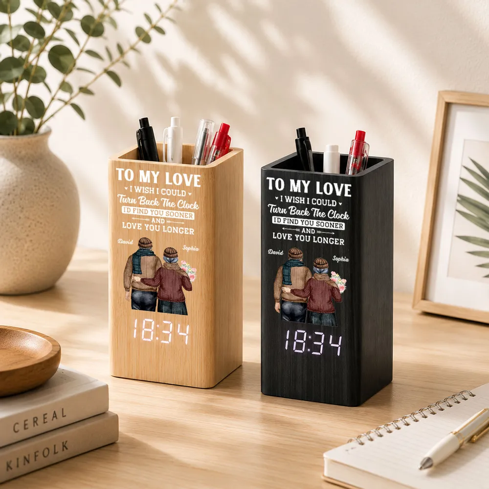 Wooden Pen Holder Clock, Personalized My Love Quote With Back View Couple, Unique Gift for Partner - Image 2