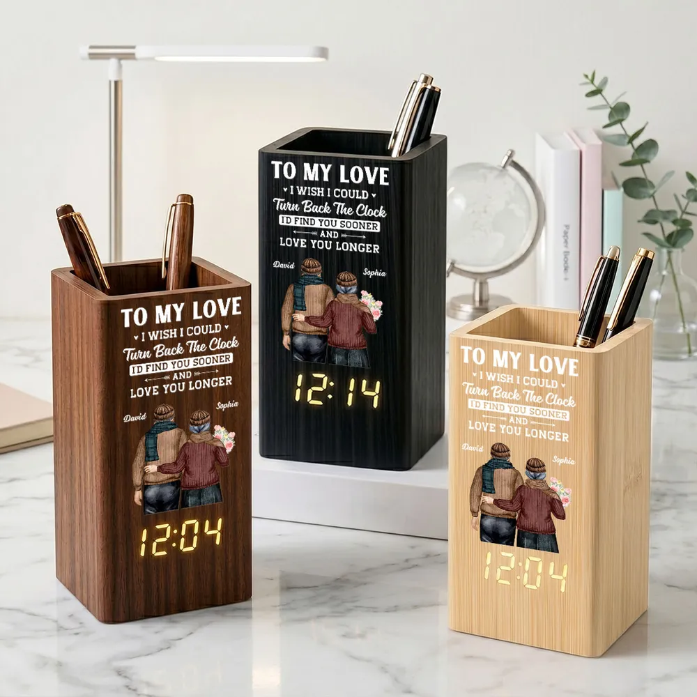 Wooden Pen Holder Clock, Personalized My Love Quote With Back View Couple, Unique Gift for Partner - Image 3