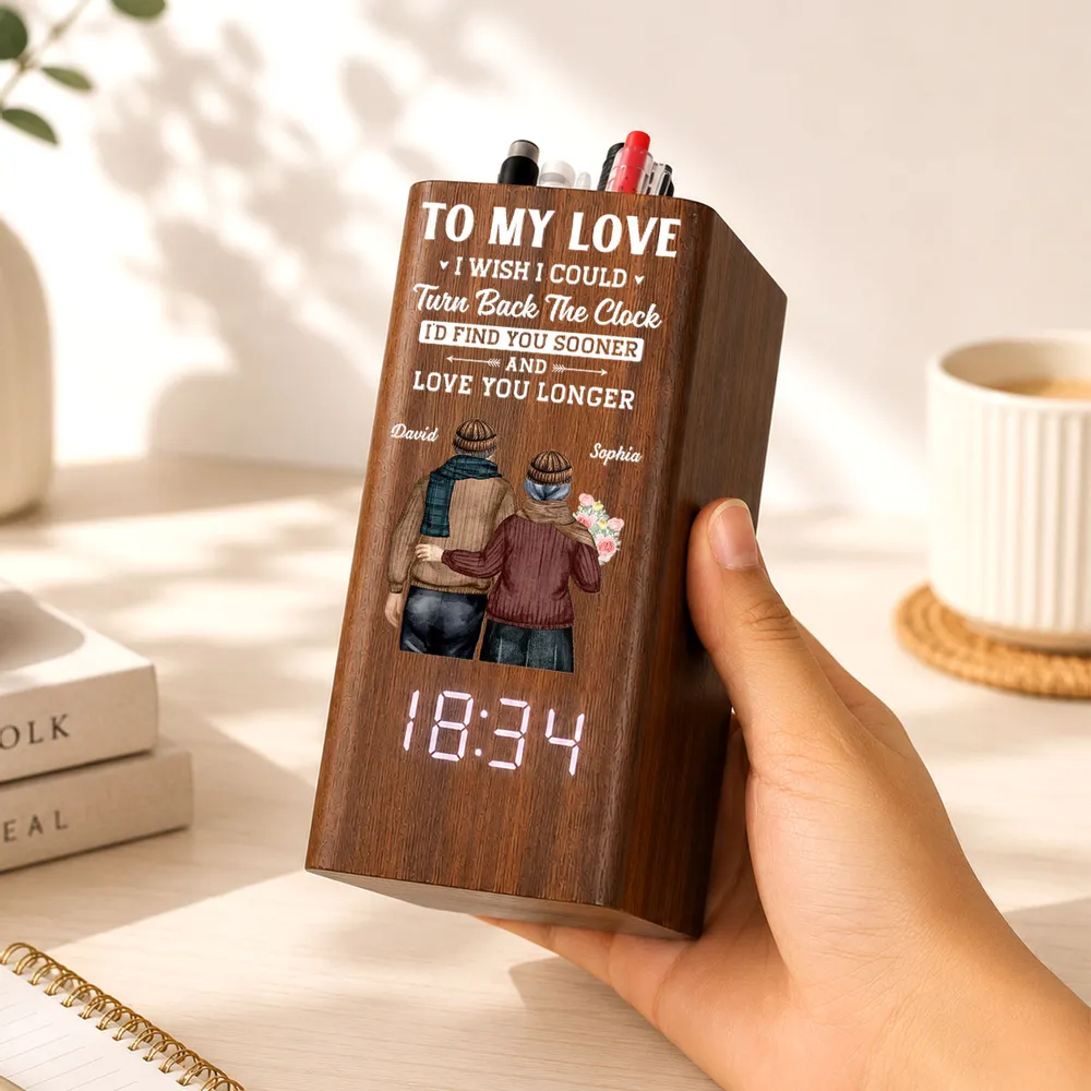 Wooden Pen Holder Clock, Personalized My Love Quote With Back View Couple, Unique Gift for Partner - Image 7