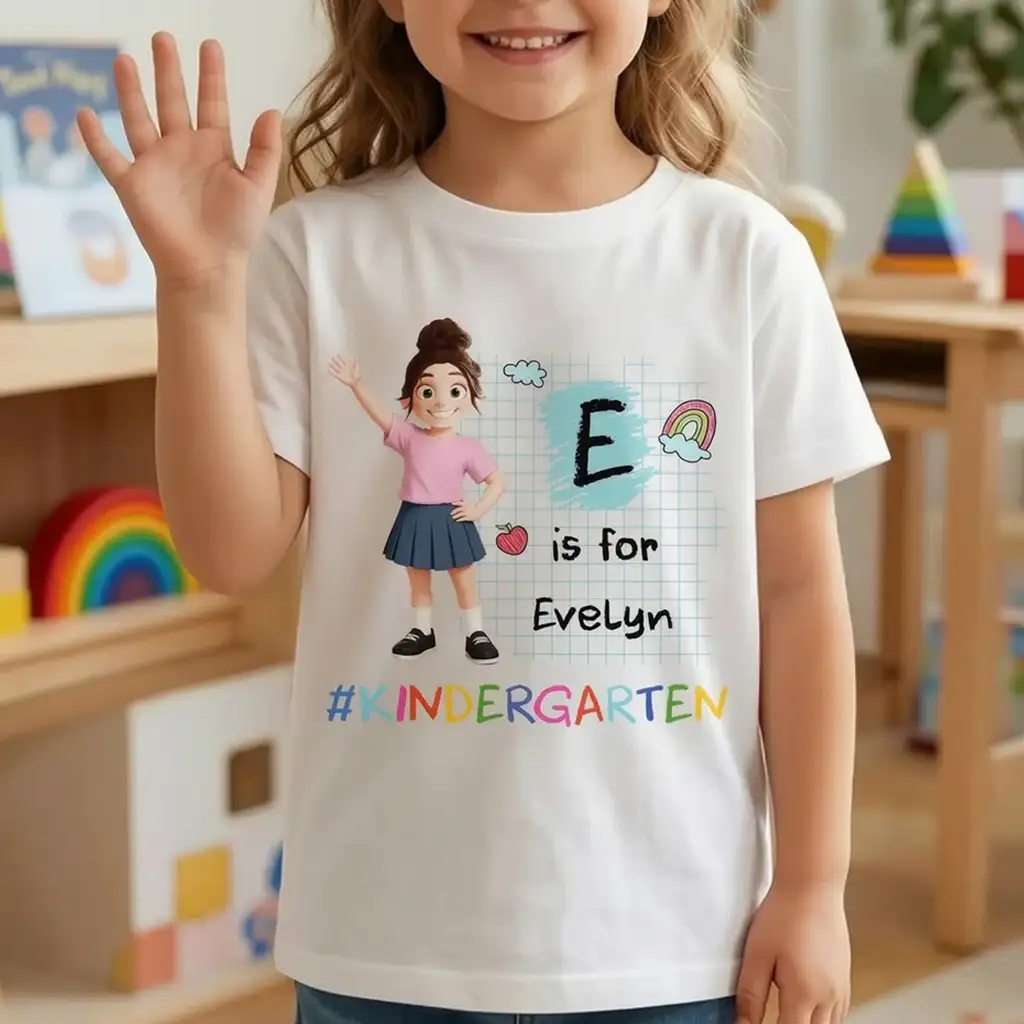 Personalized Youth Tee with Waving School Girl, Kindergarten Letter Design, Unique Gift for Kids