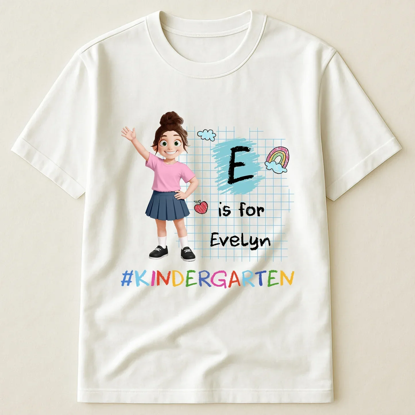 Personalized Youth Tee with Waving School Girl, Kindergarten Letter Design, Unique Gift for Kids - Image 2