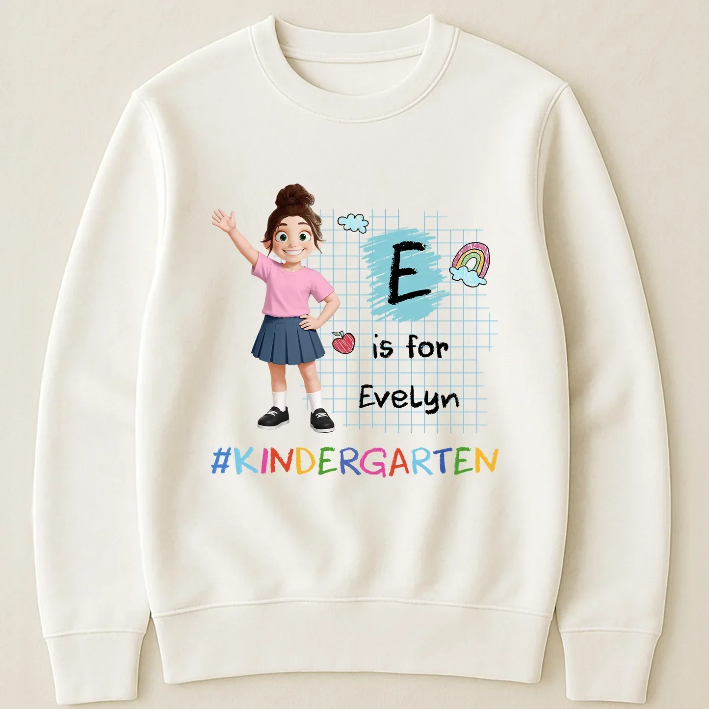 Personalized Youth Tee with Waving School Girl, Kindergarten Letter Design, Unique Gift for Kids - Image 3