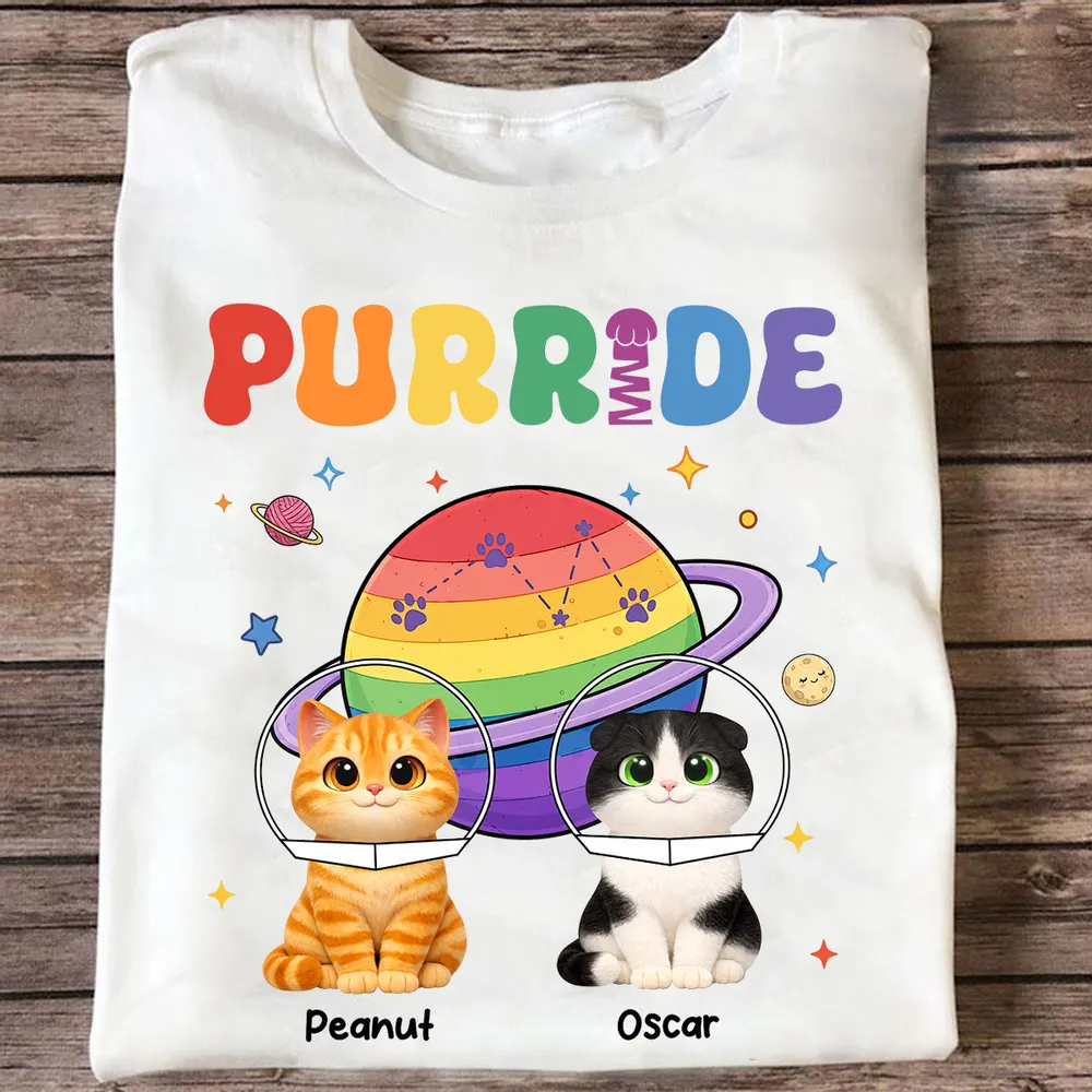Personalized Purride Cat Classic Tee With Rainbow Space Cats, Unique Gift For Cat Lovers - Image 2