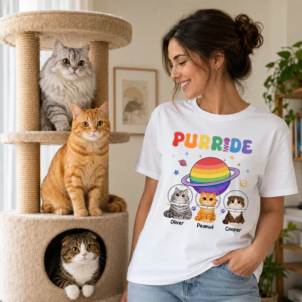 Personalized Purride Cat Classic Tee With Rainbow Space Cats, Unique Gift For Cat Lovers - Image 3